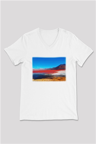 Laguna Colorada Beyaz Unisex V Yaka Tişört T-Shirt