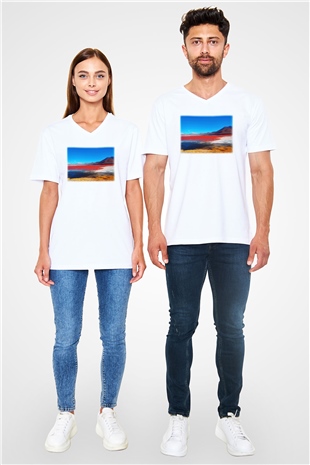 Laguna Colorada Beyaz Unisex V Yaka Tişört T-Shirt