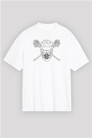 Lakros Baskılı Unisex Beyaz Oversize Tişört - Tshirt