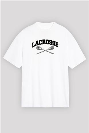 Lakros Baskılı Unisex Beyaz Oversize Tişört - Tshirt