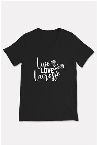 Lakros Baskılı Unisex Siyah V Yaka Tişört