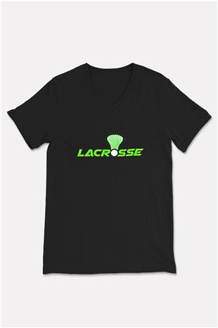 Lakros Baskılı Unisex Siyah V Yaka Tişört