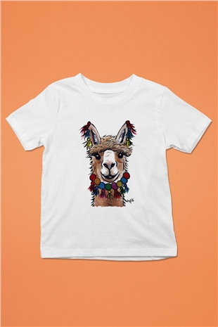 Lama Baskılı Beyaz Unisex Çocuk Tişört