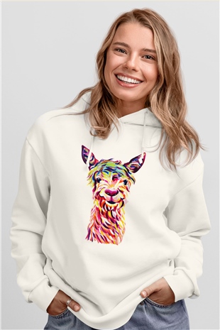 Lama Beyaz Unisex Kapşonlu Sweatshirt