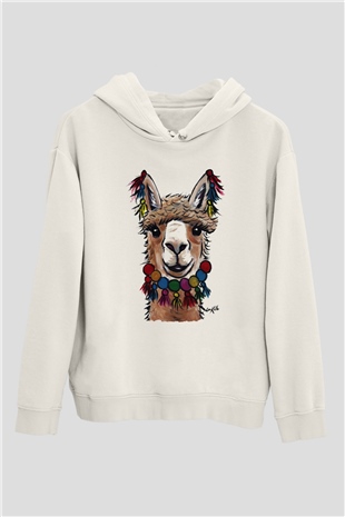 Lama Beyaz Unisex Kapşonlu Sweatshirt