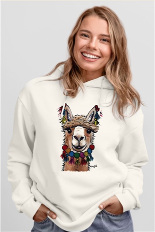 Lama Beyaz Unisex Kapşonlu Sweatshirt