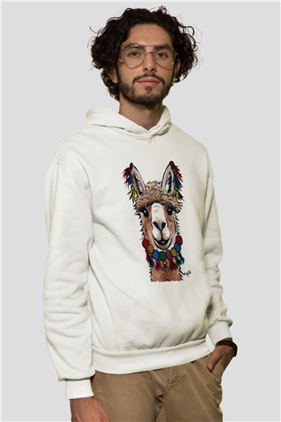 Lama Beyaz Unisex Kapşonlu Sweatshirt