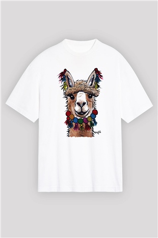 Lama Beyaz Unisex Oversize Tişört T-Shirt