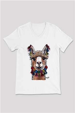 Lama Beyaz Unisex V Yaka Tişört T-Shirt