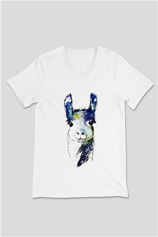 Lama Beyaz Unisex V Yaka Tişört T-Shirt