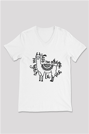 Lama Beyaz Unisex V Yaka Tişört T-Shirt