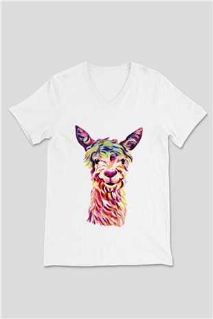 Lama Beyaz Unisex V Yaka Tişört T-Shirt