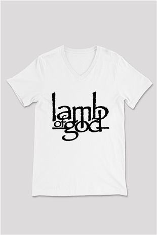 Lamb of God Beyaz Unisex V Yaka Tişört T-Shirt