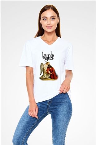 Lamb of God Beyaz Unisex V Yaka Tişört T-Shirt
