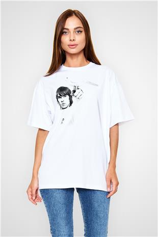 Lan Brown Baskılı Beyaz Unisex Oversize Tişört - Tshirt
