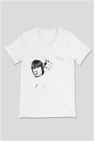Lan Brown Baskılı Beyaz Unisex V Yaka Tişört - Tshirt