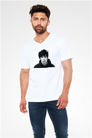 Lan Brown Baskılı Beyaz Unisex V Yaka Tişört - Tshirt