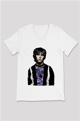 Lan Brown Baskılı Beyaz Unisex V Yaka Tişört - Tshirt