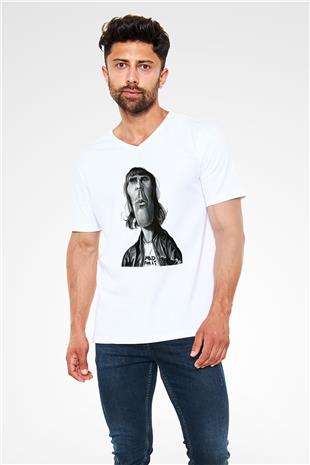 Lan Brown Baskılı Beyaz Unisex V Yaka Tişört - Tshirt