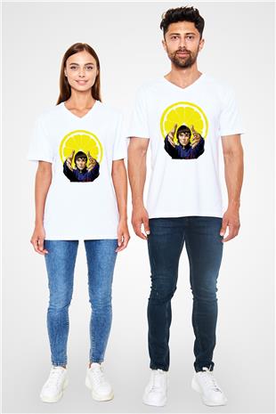 Lan Brown Baskılı Beyaz Unisex V Yaka Tişört - Tshirt