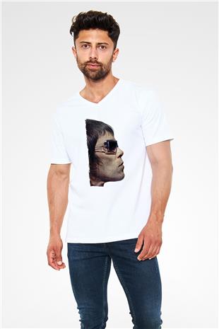Lan Brown Baskılı Beyaz Unisex V Yaka Tişört - Tshirt