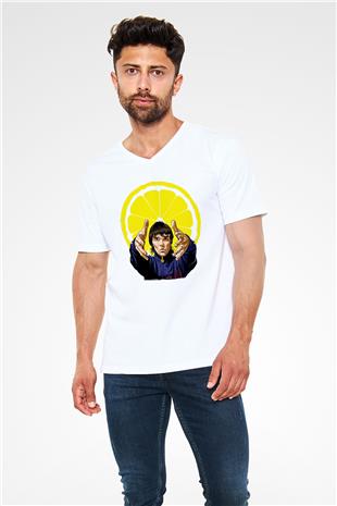 Lan Brown Baskılı Beyaz Unisex V Yaka Tişört - Tshirt