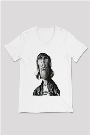 Lan Brown Baskılı Beyaz Unisex V Yaka Tişört - Tshirt