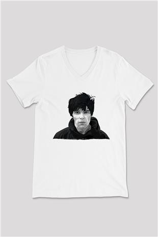 Lan Brown Baskılı Beyaz Unisex V Yaka Tişört - Tshirt