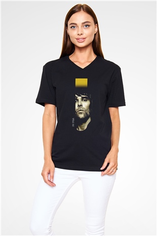 Lan Brown Baskılı Unisex Siyah V Yaka Tişört - Tshirt