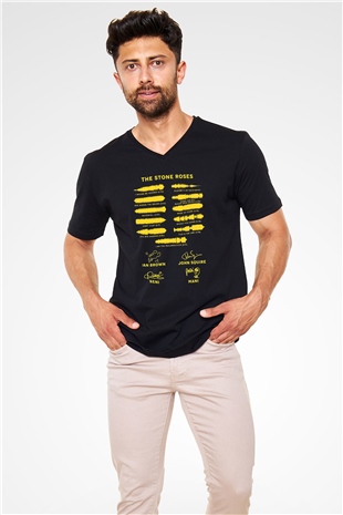 Lan Brown Baskılı Unisex Siyah V Yaka Tişört - Tshirt