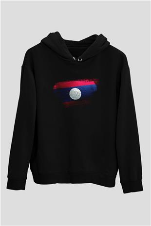 Laos Bayrağı Baskılı Unisex Siyah Kapüşonlu Sweatshirt