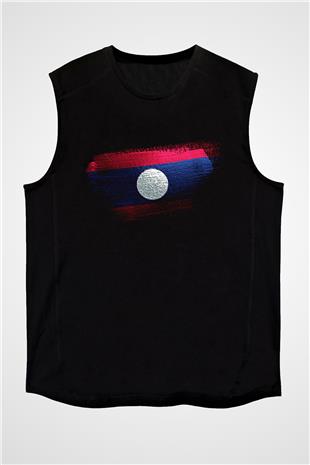 Laos Bayrağı Baskılı Unisex Siyah Kolsuz Tişört