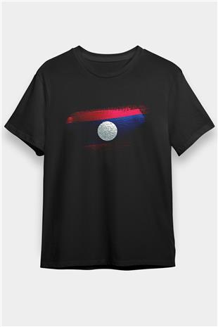 Laos Bayrağı Baskılı Unisex Siyah Tişört