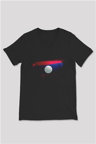 Laos Bayrağı Baskılı Unisex Siyah V Yaka Tişört