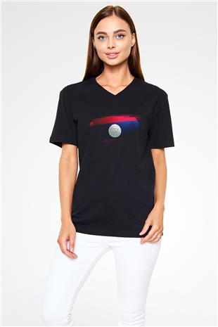 Laos Bayrağı Baskılı Unisex Siyah V Yaka Tişört