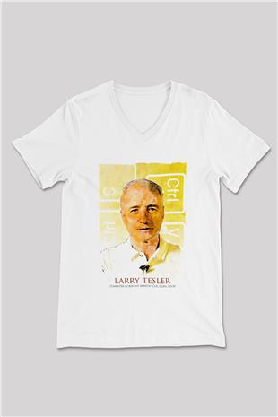 Larry Tesler Renkli Portre Baskılı Unisex V Yaka Beyaz Tişört - Tshirt
