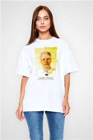 Larry Tesler Renkli Portre Baskılı Unisex Oversize Beyaz Tişört - Tshirt