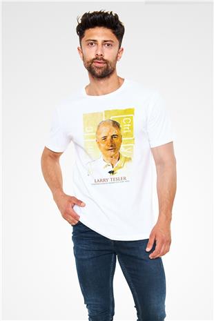 Larry Tesler Renkli Portre Baskılı Unisex Beyaz Tişört - Tshirt