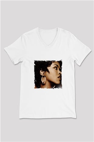 Lauryn Hill Baskılı Beyaz V Yaka Unisex Tişört