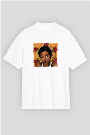 Lauryn Hill Baskılı Oversize Beyaz Tişört