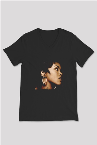 Lauryn Hill Baskılı Unisex Siyah V Yaka Tişört