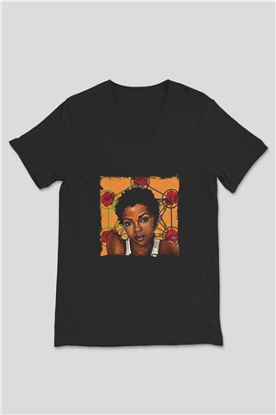 Lauryn Hill Baskılı Unisex Siyah V Yaka Tişört