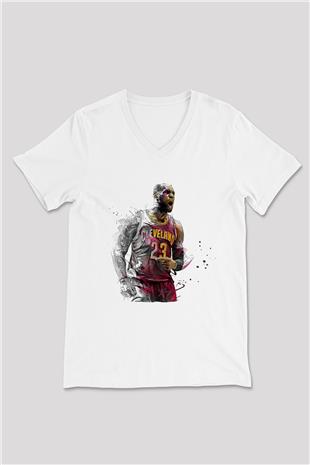 Lebron James Baskılı Beyaz Unisex V Yaka Tişört - Tshirt