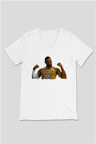 Lebron James Baskılı Beyaz Unisex V Yaka Tişört - Tshirt