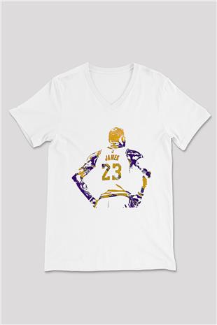 Lebron James Baskılı Beyaz Unisex V Yaka Tişört - Tshirt