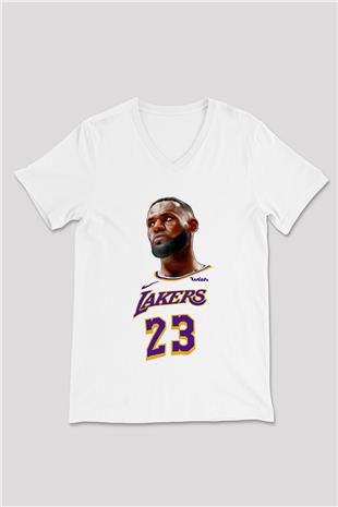 Lebron James Baskılı Beyaz Unisex V Yaka Tişört - Tshirt