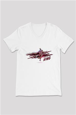 Lebron James Baskılı Beyaz Unisex V Yaka Tişört - Tshirt