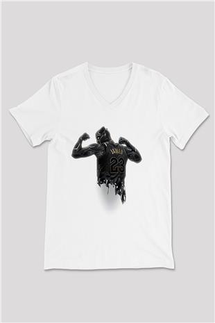 Lebron James Baskılı Beyaz Unisex V Yaka Tişört - Tshirt