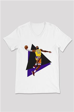 Lebron James Baskılı Beyaz Unisex V Yaka Tişört - Tshirt