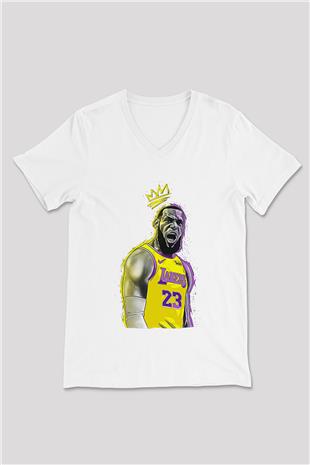 Lebron James Baskılı Beyaz Unisex V Yaka Tişört - Tshirt